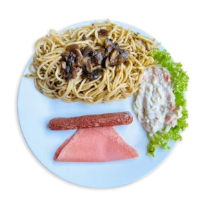 FRIED SPAGHETTI W/CHICKEN SLICE & SAUSAGE